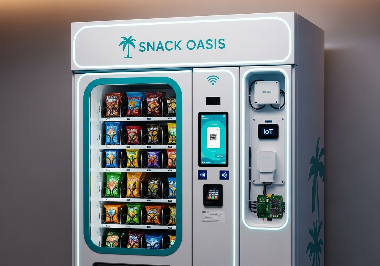 Smart vending machine with IoT sensors and telemetry monitoring featuring Snack Oasis branding